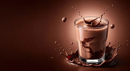 A glass of chocolate milk with a splash of chocolate on the side.