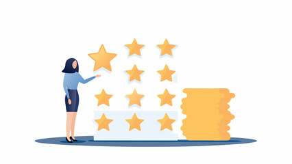 Businesswoman selecting a star rating from a display of golden stars representing customer satisfaction and service quality
