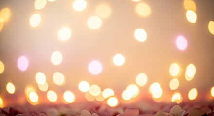 A blurred image of a festive background with warm, glowing lights and scattered rose petals.