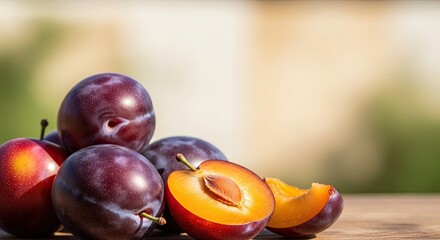 A pile of fresh, ripe plums with one cut open to reveal the juicy interior.