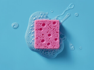Pink household sponge with soap suds on blue surface