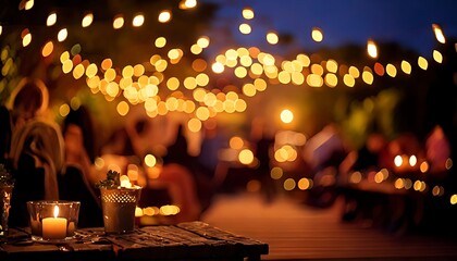 nighttime scene, gathering outside, festive lighting, cozy ambiance, and hazy background