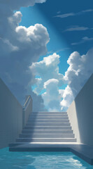 Stairs leading to bright sky filled with soft white clouds