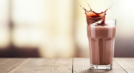 A chocolate milkshake splashing out of a glass on a wooden table.