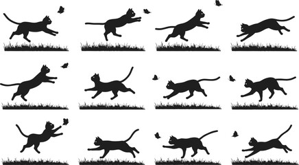 Cat butterfly silhouette sequence, playful chase, dynamic poses, outdoor scene, black figures, motion study, animal interaction, front back view, illustration