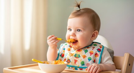 A baby eating a spoonful of food in a high chair.