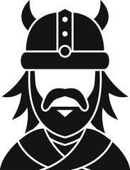 Black and white icon of a viking, featuring horned helmet and beard