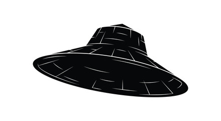 A vintage industrial pendant light fixture with a wide flared shade in a stark black silhouette against a white background