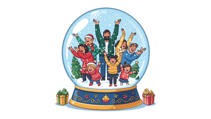 Family Holiday Snow Globe: A joyful family is captured in a whimsical snow globe, celebrating the festive season with open arms, and showering with snowflake in festive gifts.