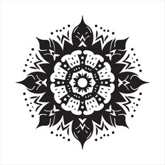 Mandala emerging from a central light vector silhouette sketch art logo illustration: