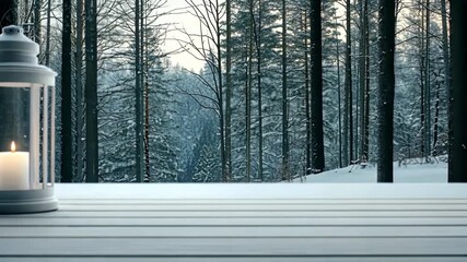 Soft candlelight illuminates a serene winter scene with snow-covered trees, creating a cozy and peaceful atmosphere - Powered by Adobe