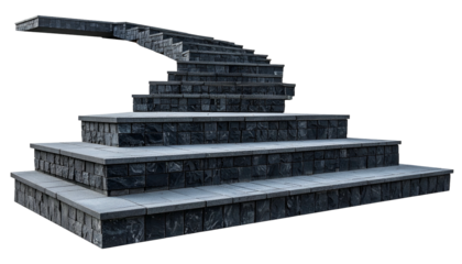 Stone staircase with a curved ascent, ascending from the bottom left, set against black