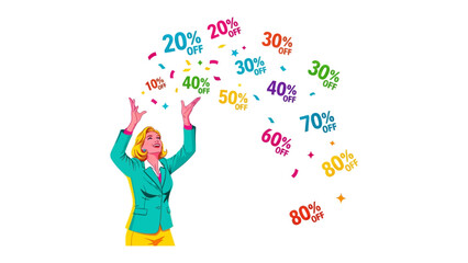 Shopaholic's Dream: Capturing the essence of excitement, a woman revels in a cascade of discount offers, her arms raised in a gesture of pure retail bliss.