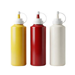 Variety of Condiments Three Squeeze Bottles Featuring Mustard Ketchup and Mayonnaise on a Solid Black Background for Culinary and Food Related Projects