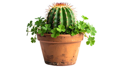 A potted cactus, vibrant green with sharp needles, surrounded by clover, against black