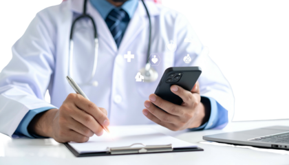 Doctor in white coat writing & using phone, medical icons hovering