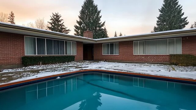 Mid-century modern house showcases a tranquil pool and winter scenery during a beautiful sunset, highlighting the peaceful setting