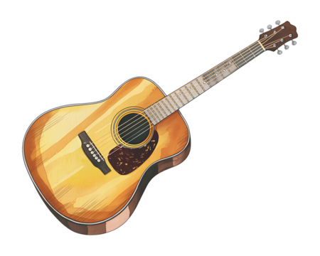 Acoustic guitar with a warm wooden finish and intricate detailing on a black background