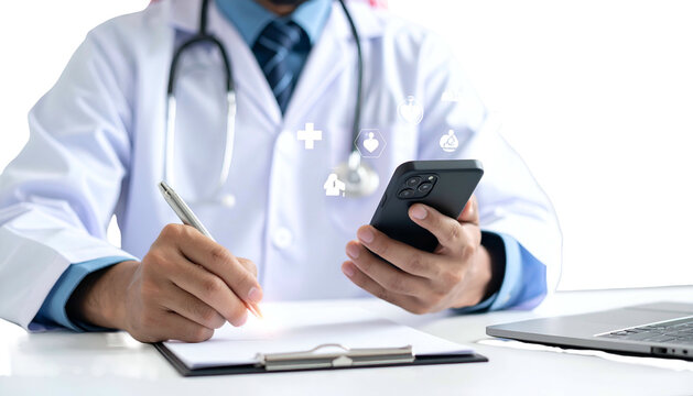 Doctor in white coat writing & using phone, medical icons hovering - Powered by Adobe