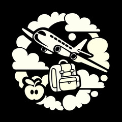 Airplane with backpack and apple