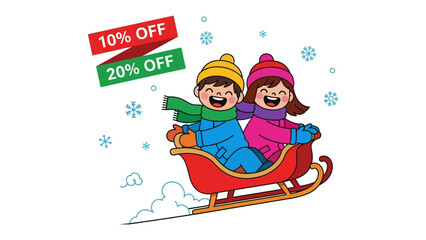 Winter Sale: Joyful children sledding in a snowy landscape with sales signs, representing the thrill of winter bargains.