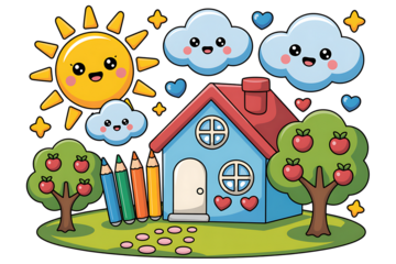 Cute cartoon house with sun clouds trees and crayons on a black background