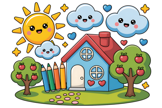 Cute cartoon house with sun clouds trees and crayons on a black background - Powered by Adobe
