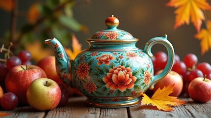 Elegant floral teapot amidst fall harvest apples and grapes offers warm autumn feelings for cozy seasonal lifestyle ads