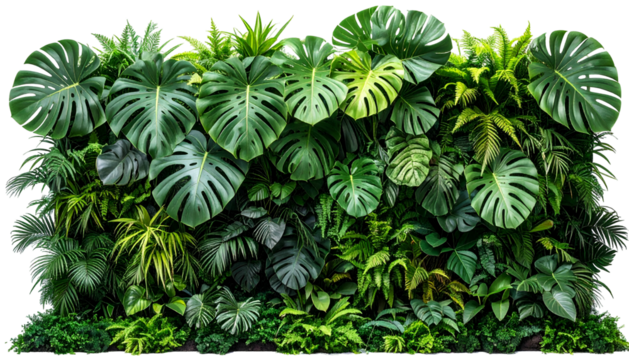 Lush green vertical garden, assorted tropical plants creating a vibrant textured wall