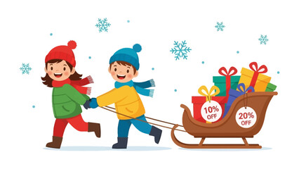 Winter Wonderland Shopping: Two cheerful children pulling a sleigh laden with festive gifts, amidst falling snowflakes, highlighting a holiday shopping sale.