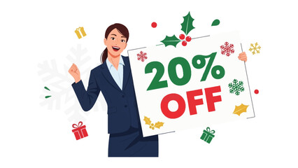 Festive Discount Offer: A cheerful professional displays a sign offering a 20% discount. The scene is bright and lively.
