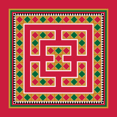 The ethnic pattern is designed in the style of ancient Hmong patterns, consisting of geometric squares in golden yellow, green and red.