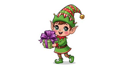 Festive Elf: A cheerful elf, adorned in a classic green ensemble, joyfully presents a beautifully wrapped gift, embodying the spirit of giving and seasonal cheer.