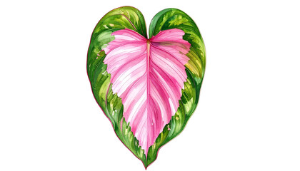 Watercolor illustration of a heart-shaped leaf with pink and green coloration