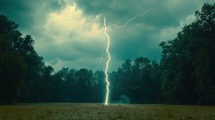 A powerful lightning strike illuminates a dark, stormy sky over a field