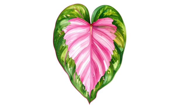 Watercolor illustration of a heart-shaped leaf with pink and green coloration