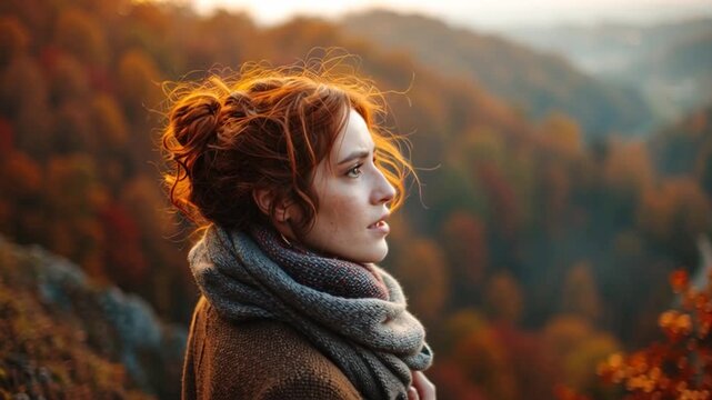 Beautiful woman looking at autumn scenery, facing forward, bright atmosphere