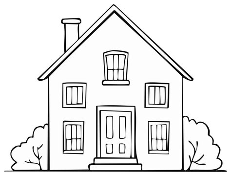 Simple hand drawn house outline for a coloring book page. Black and white cartoon residential building. - Powered by Adobe
