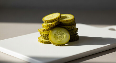 Close-up shot of sliced pickles stacked on a white cutting board, highlighting the texture and juicy nature of the preserved cucumber, perfect for food-related projects.