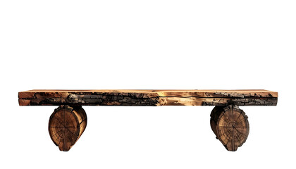 A simple bench made of natural wood, with a log seat and log supports, isolated
