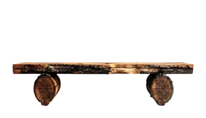 A simple bench made of natural wood, with a log seat and log supports, isolated