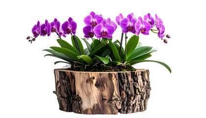 Vibrant purple orchids in a rustic wooden planter, with green leaves and a dark background