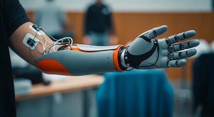 Bionic prosthetic arm attached to person with visible wiring modern medical technology device