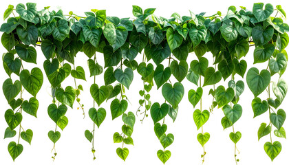 Lush, verdant vines cascade downwards, displaying numerous heart-shaped leaves on a dark backdrop