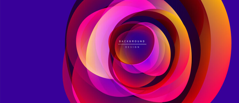 Abstract colorful layers create dynamic circular pattern. Vivid gradients blend, forming mesmerizing visual effect. Background suggests modern design elements.