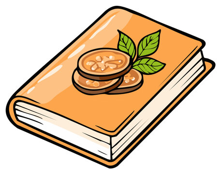 Cartoon Recipe Book with Walnut Slices and Fresh Leaves on the Cover