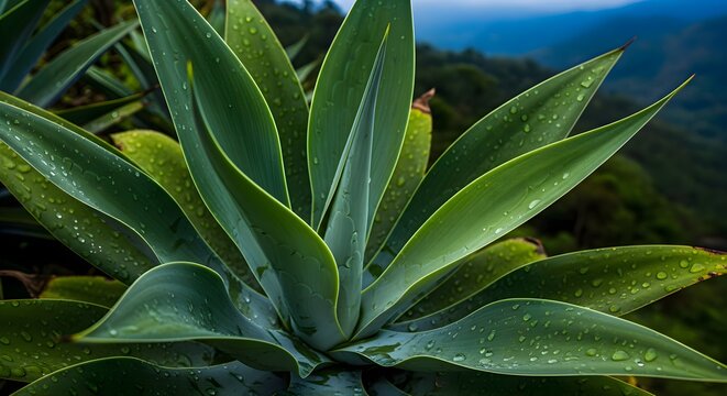 A close-up of a fresh agave plant with thick, pointed green leaves covered in water droplets, set against a blurred natural background, highlighting the plant’s texture, vitality, and desert beauty.