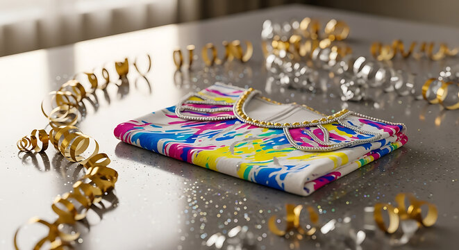 Folded colorful clutch on a table surrounded by gold and silver streamers and confetti pieces - Powered by Adobe