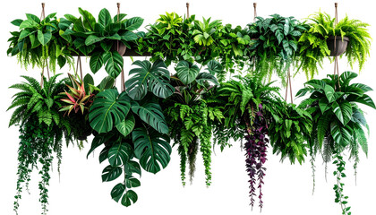 An array of lush hanging plants with various leaf shapes and colors arranged against black