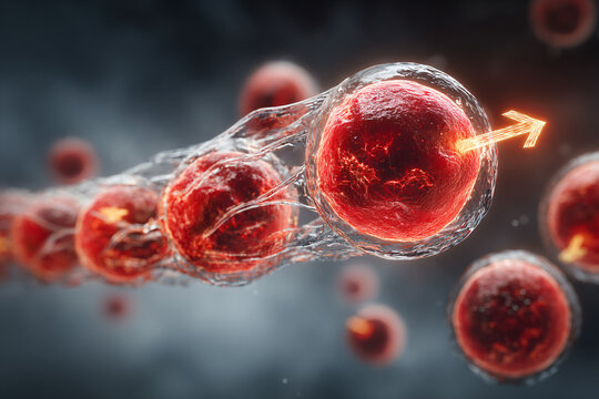 Cutaway illustration showing red blood cells in hypotonic fluid, with molecular arrows depicting water movement into the cells.